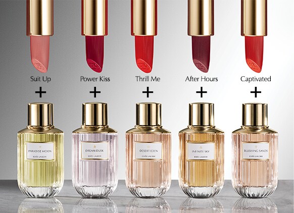 photo of combinations of Estee Lauder Pure Color Lipstick & Luxury Fragrance